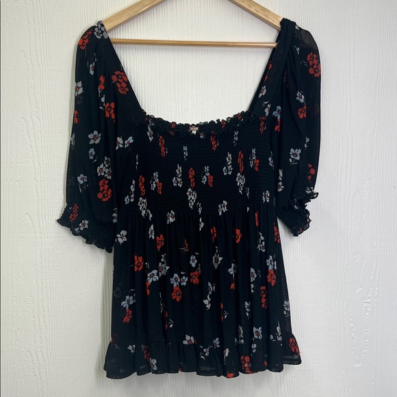 Free People - Delta Dawn Midnight Combo Colorful Floral Mesh Blouse SZ Medium - Picture 7 of 10